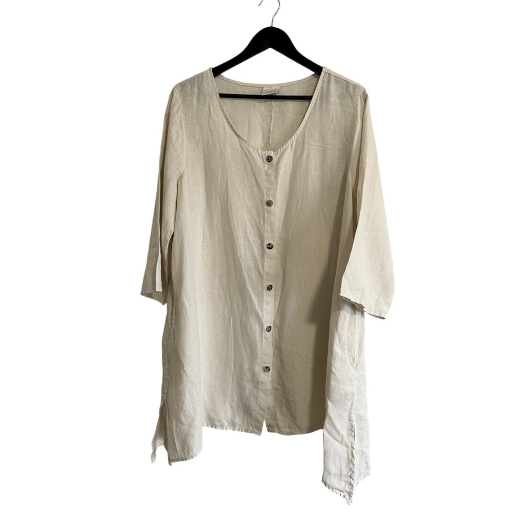 Click By Colour Me Cotton 100% Linen Button Down Tunic Top Beige XL Lagenlook
